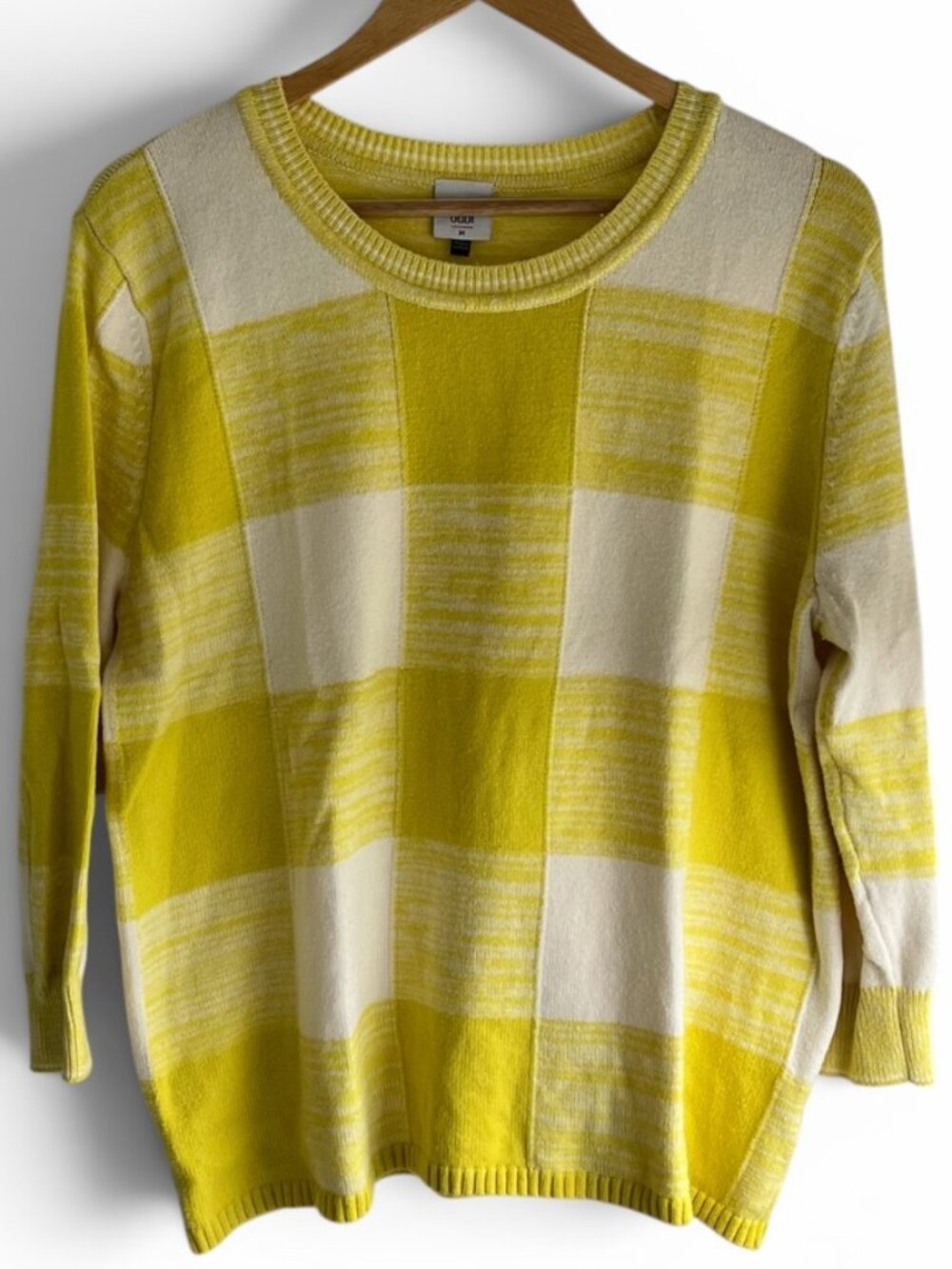 Cabi #6236 Women’s Yellow and White Checkerboard Pullover Sweater - Size Medium